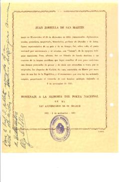 Cartilla conmemorativa de Juan Zorrilla de San Martín